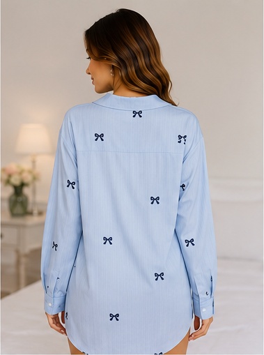 Women’s Light Blue Bow Print Full Sleeve Button Front Sleep Shirt Nightwear